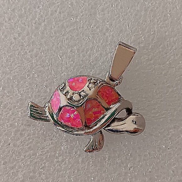 New -  Turtle Pink Fire Opal 925 Silver Pendant - Includes a Chain - Picture 3 of 5
